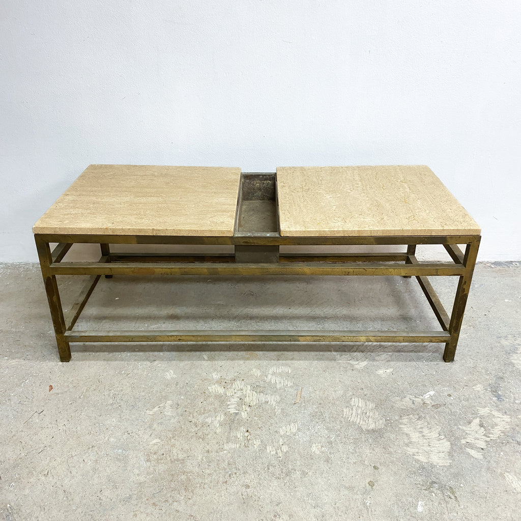 Mid Century Custom Made Brass and Travertine Coffee Table
