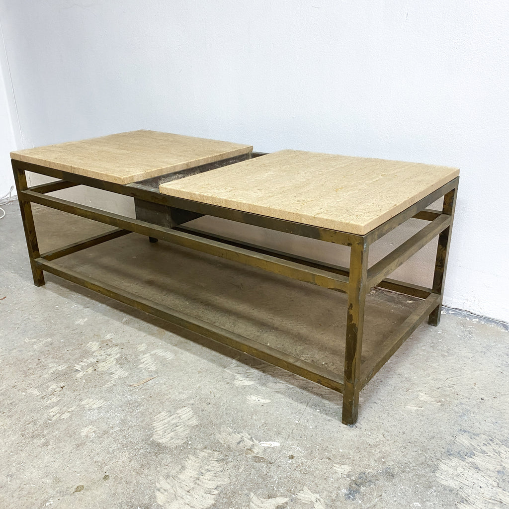 Mid Century Custom Made Brass and Travertine Coffee Table