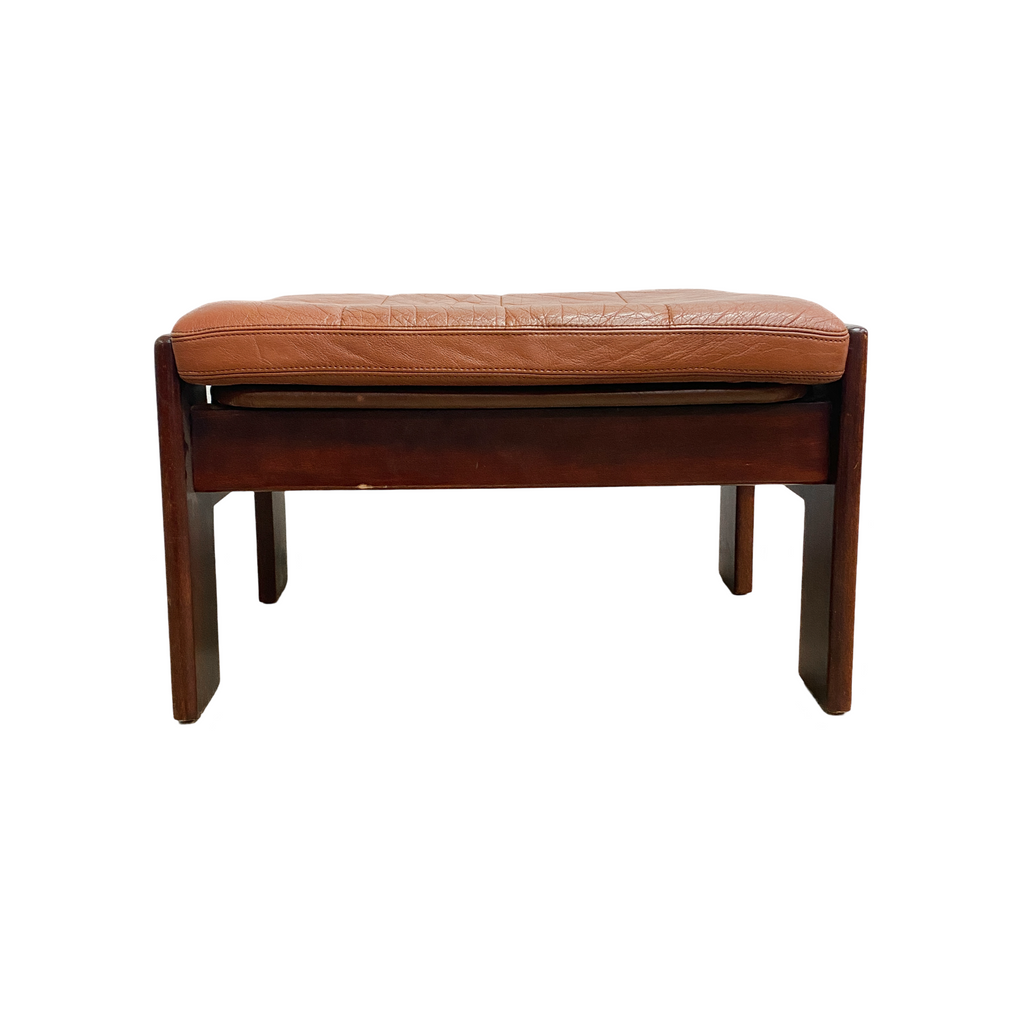 Mid Century Danish Footstool With Tan Leather Cushion