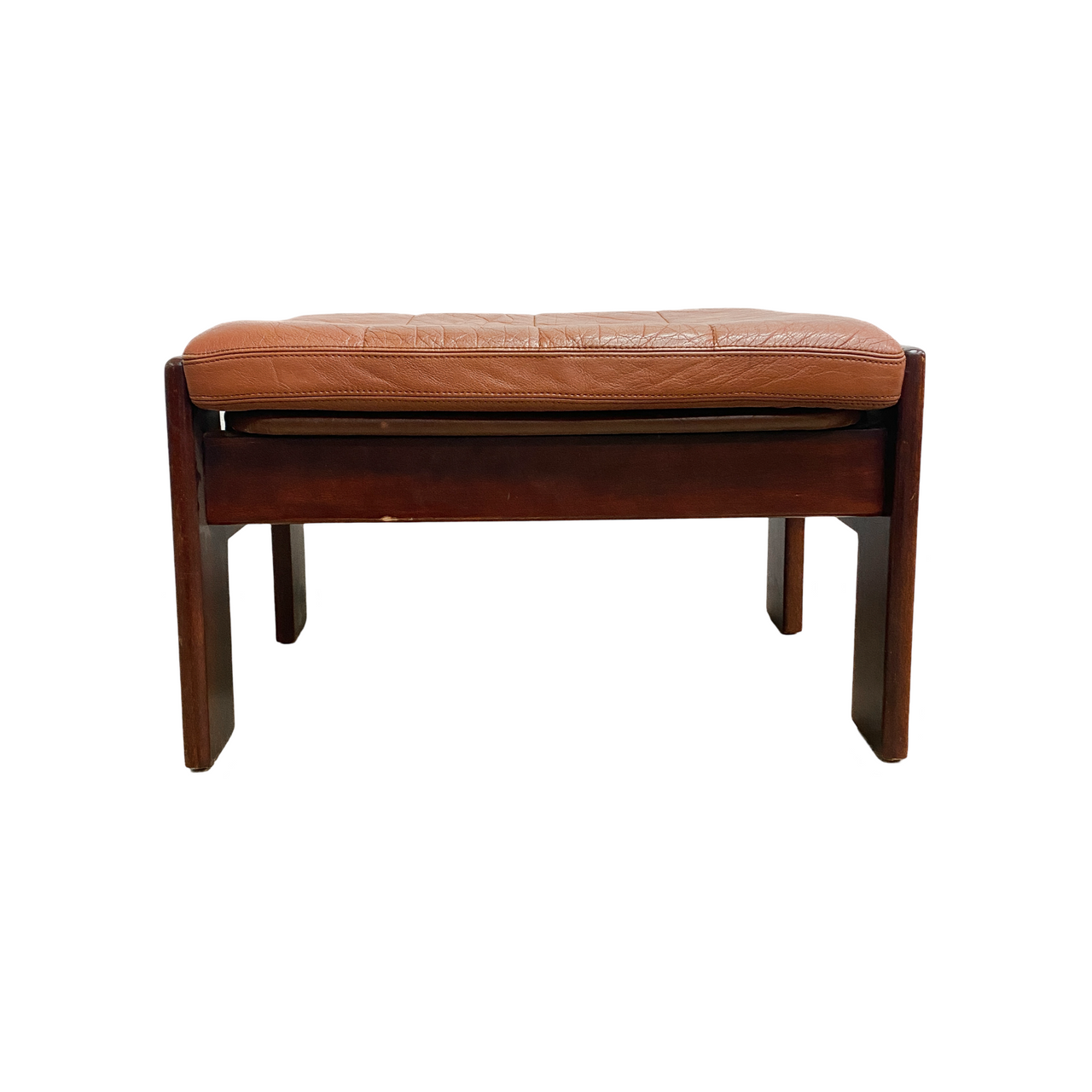 Mid Century Danish Footstool With Tan Leather Cushion