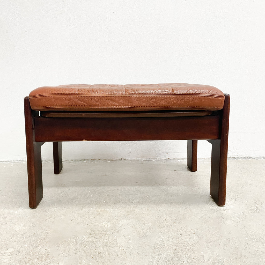 Mid Century Danish Footstool With Tan Leather Cushion