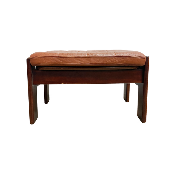 Mid Century Danish Footstool With Tan Leather Cushion