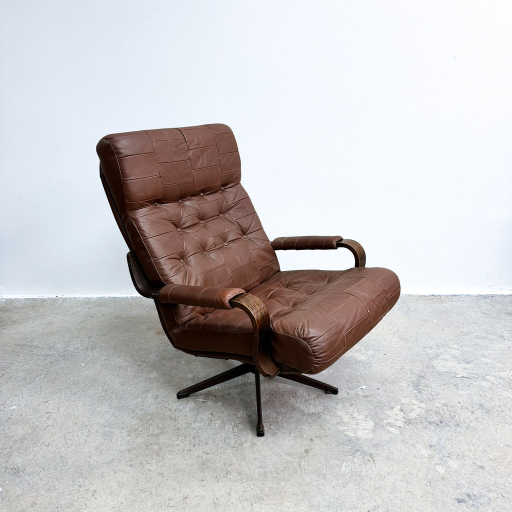 Mid Century Danish 'Patchwork' Leather And Bentwood Swivel Armchair