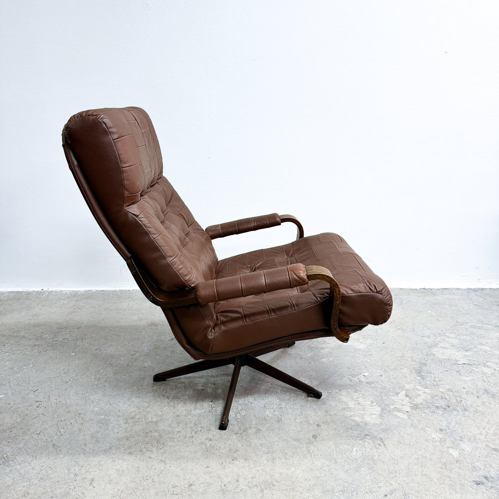Mid Century Danish 'Patchwork' Leather And Bentwood Swivel Armchair