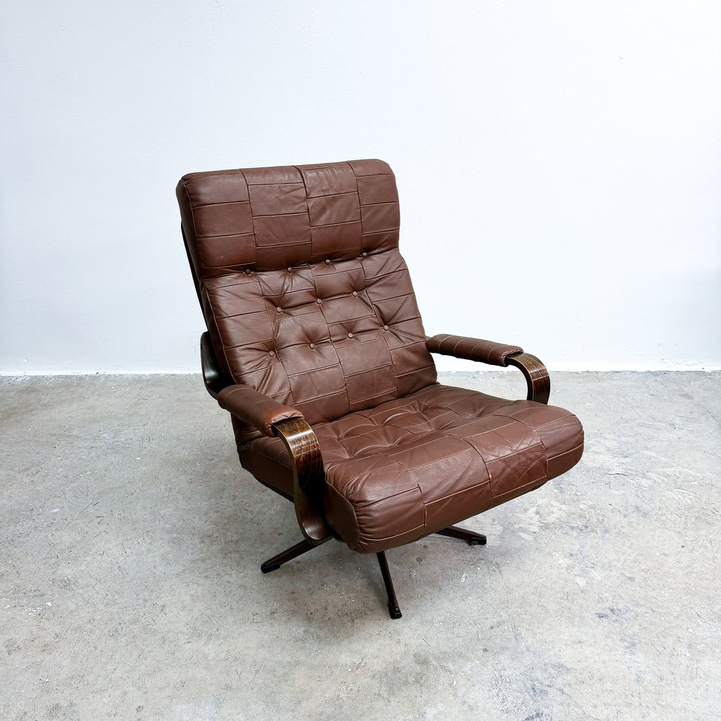 Mid Century Danish 'Patchwork' Leather And Bentwood Swivel Armchair