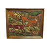 A framed painting depicting a prehistoric scene with two bulls on rocky terrain, rendered in earthy red, orange, green, and brown tones, enclosed in a gold frame and leaning against a white wall on a concrete floor.