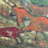 An abstract painting depicting two stylized animals, one orange and one red, rendered with thick textured brushstrokes of black, green, beige, and brown.