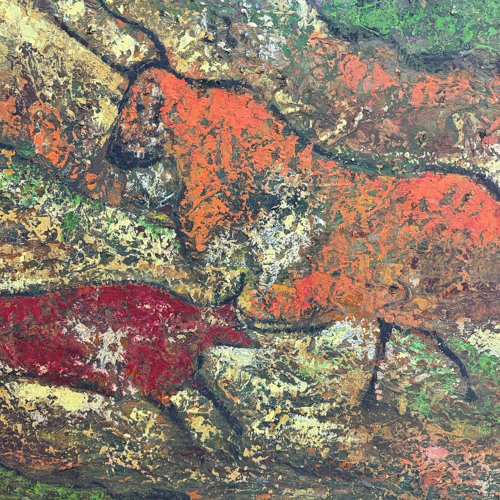 An abstract painting depicting two stylized animals, one orange and one red, rendered with thick textured brushstrokes of black, green, beige, and brown.