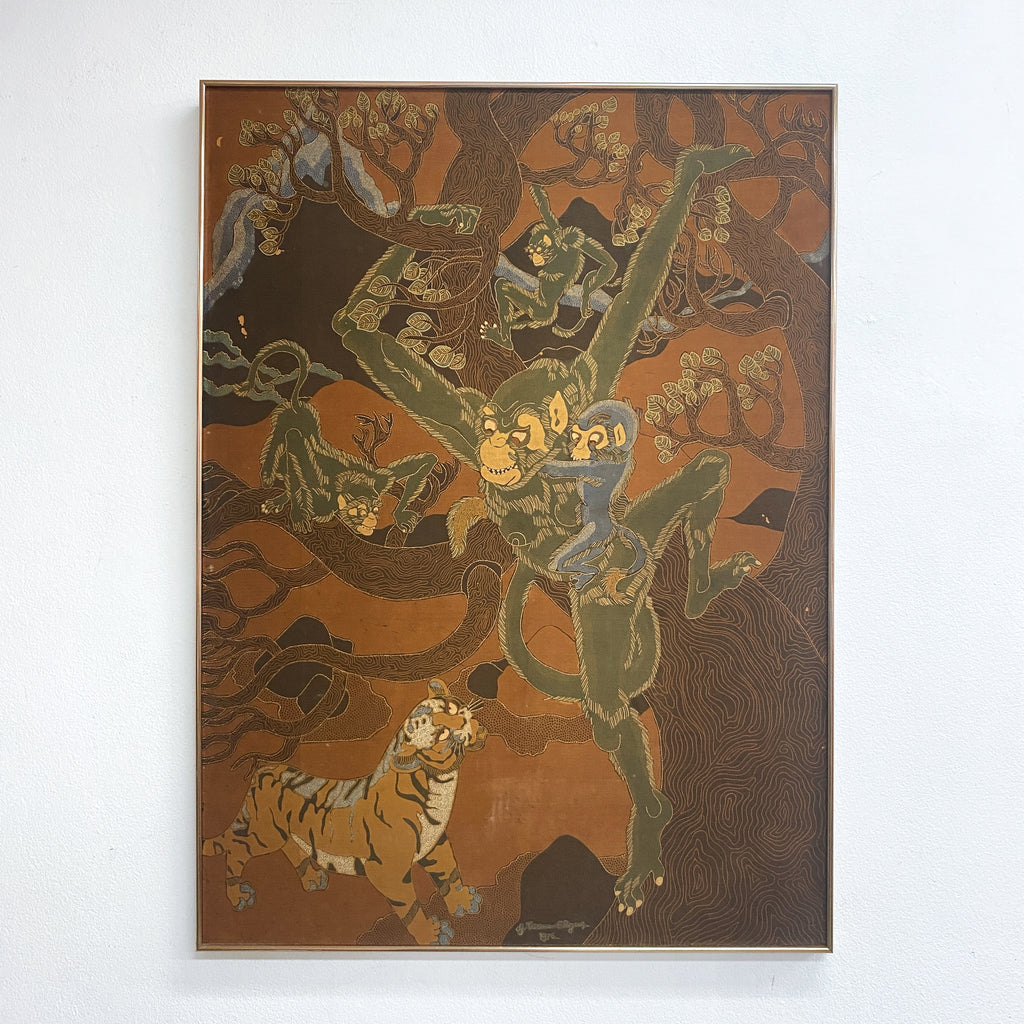 Mid Century Framed Batik Of Monkeys And Tiger Print Signed 1976