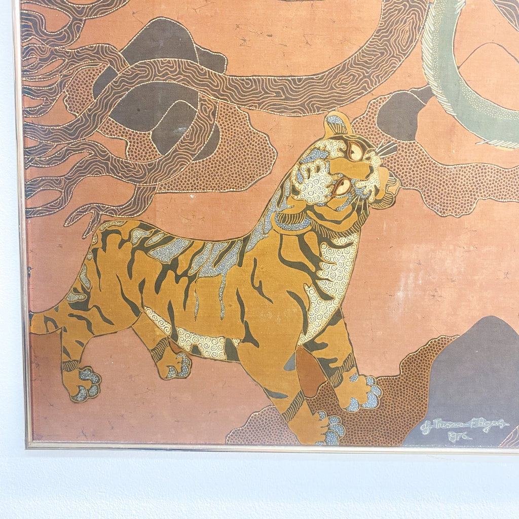 Mid Century Framed Batik Of Monkeys And Tiger Print Signed 1976