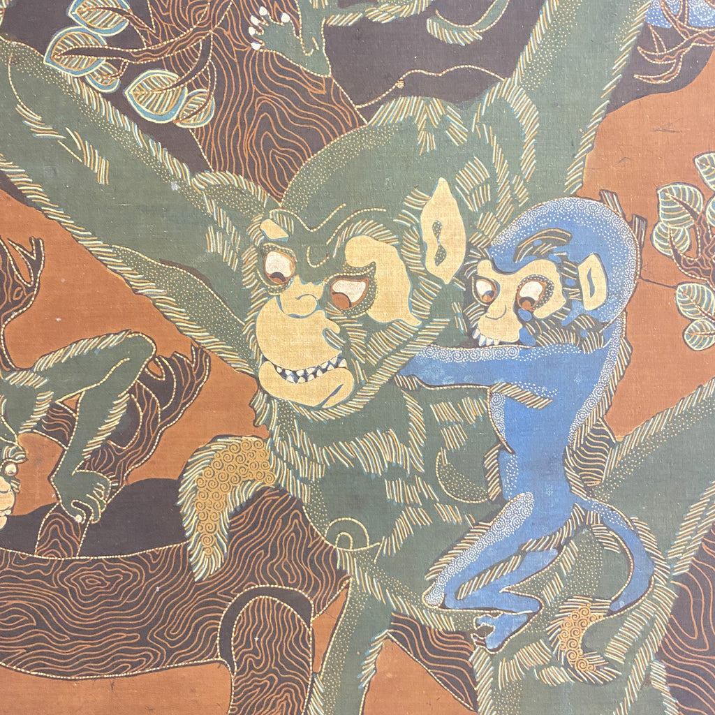 Mid Century Framed Batik Of Monkeys And Tiger Print Signed 1976