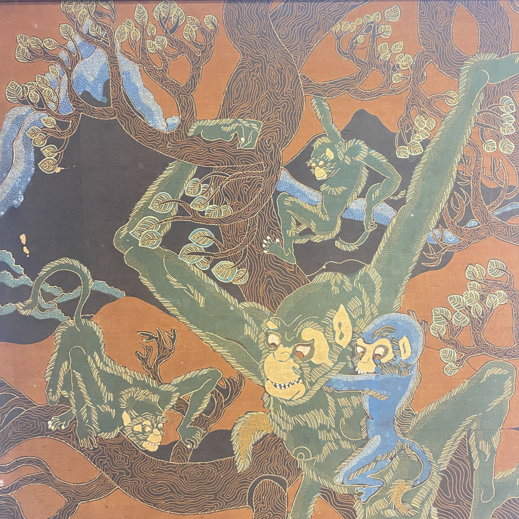 Mid Century Framed Batik Of Monkeys And Tiger Print Signed 1976