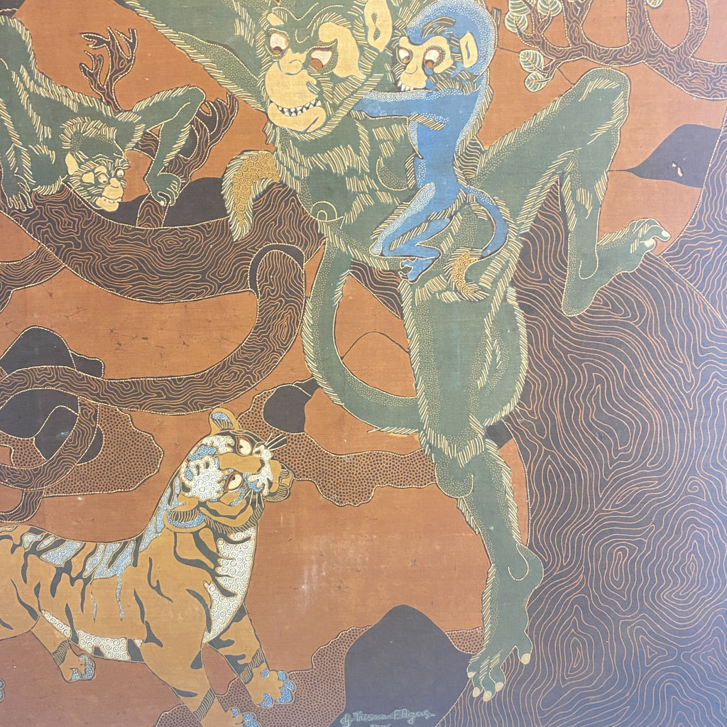 Mid Century Framed Batik Of Monkeys And Tiger Print Signed 1976