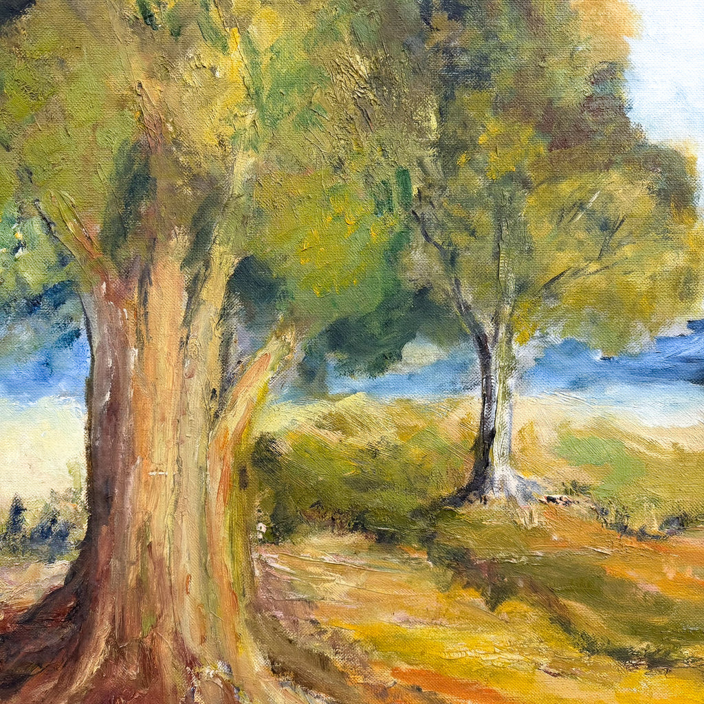 Impressionistic landscape painting of two trees on a sunlit hillside, rendered in textured brushstrokes of green, yellow, brown, blue, and orange.