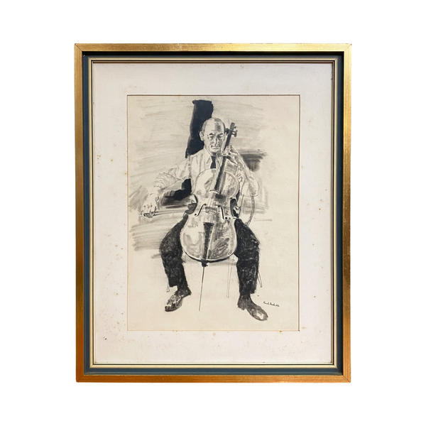 Mid Century Framed Pencil Drawing of Cellist by Frank Beck 1977 