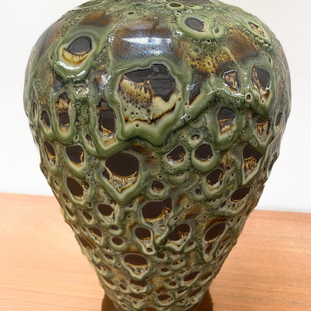 Mid Century Green Fat Lava And Teak Table Lamp Base