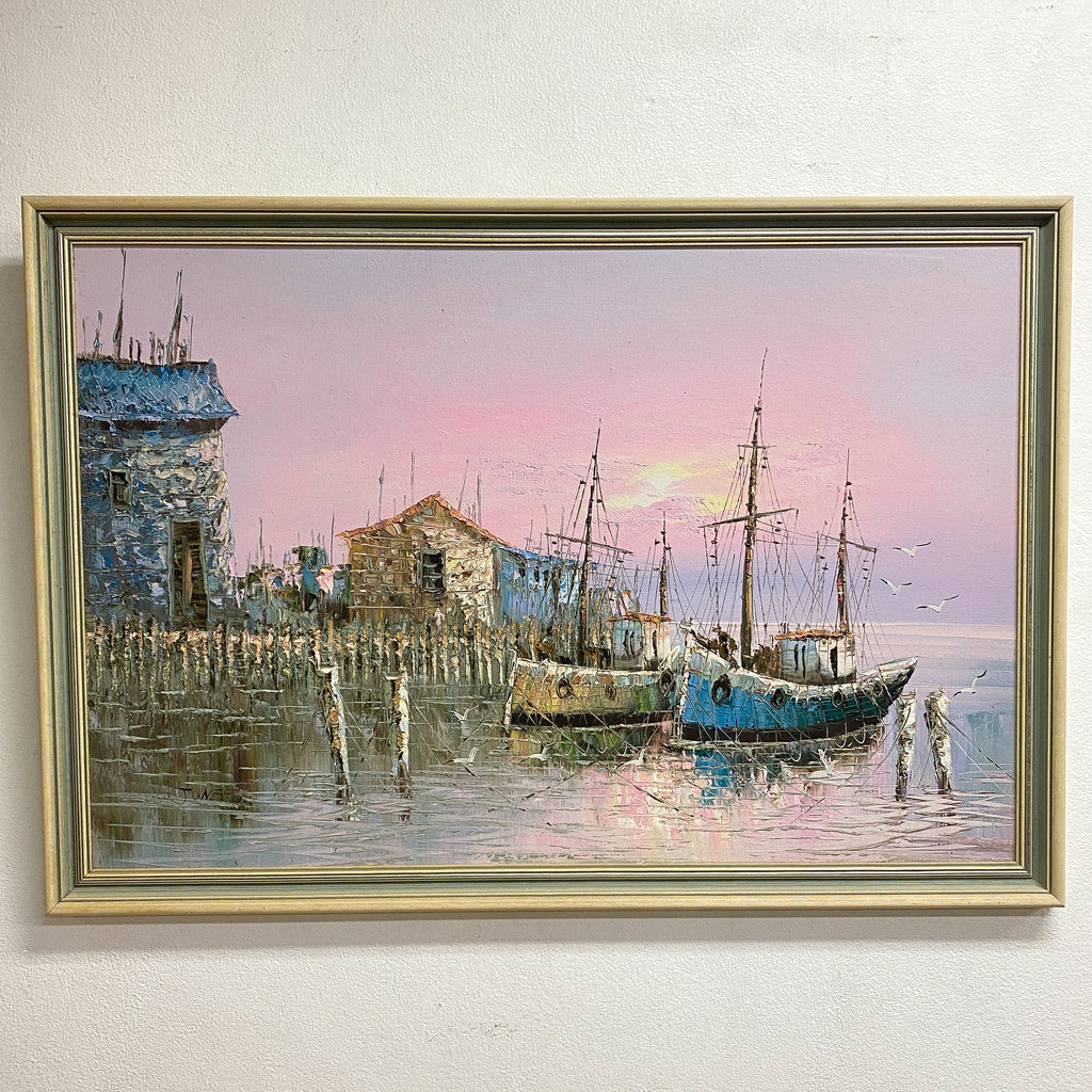 Mid Century Harbour Scene Oil Painting