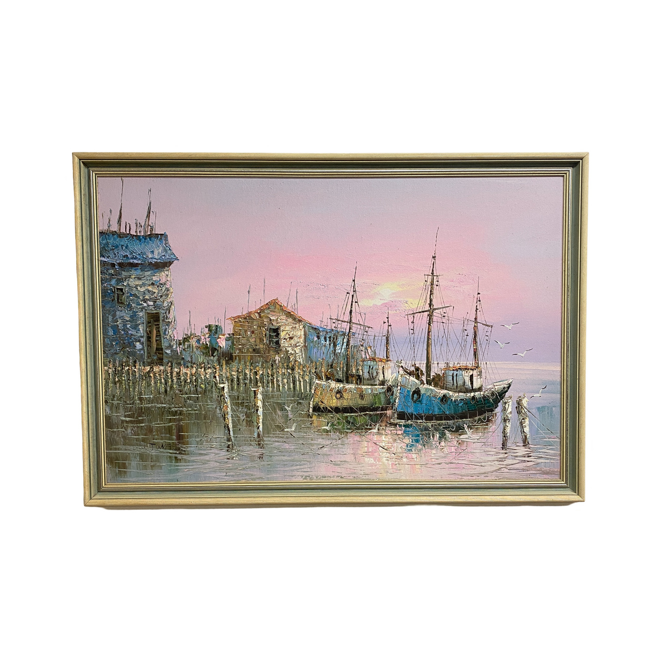 Mid Century Harbour Scene Oil Painting