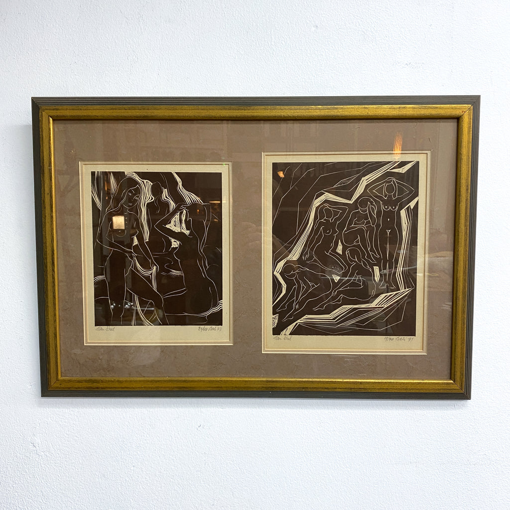 Mid Century Linocut Artwork Of Nudes C1977