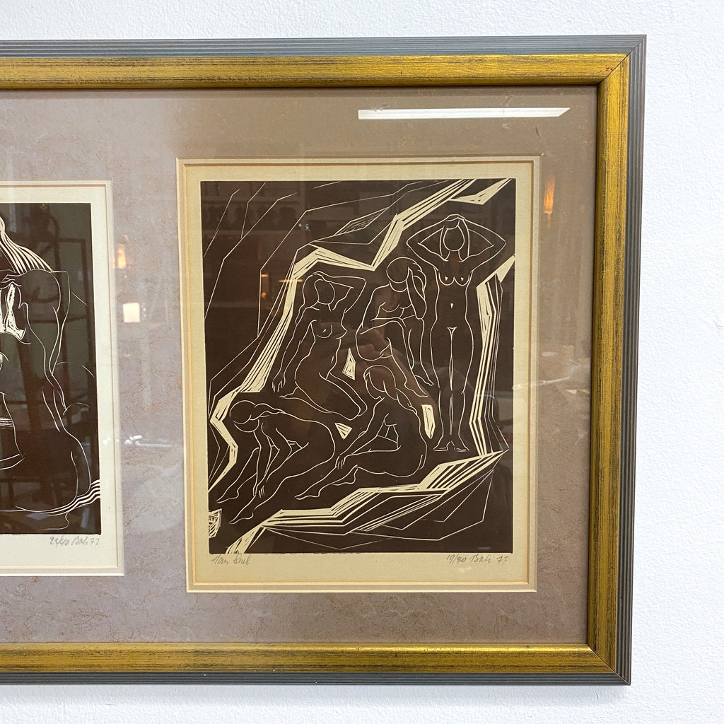 Mid Century Linocut Artwork Of Nudes C1977