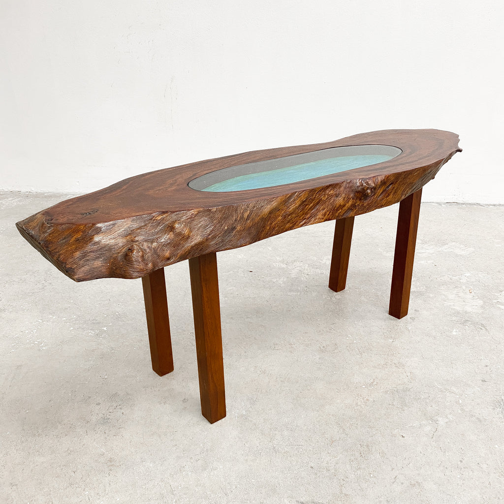 Mid Century Live Edge Coffee Side Table With Pond Under Glass