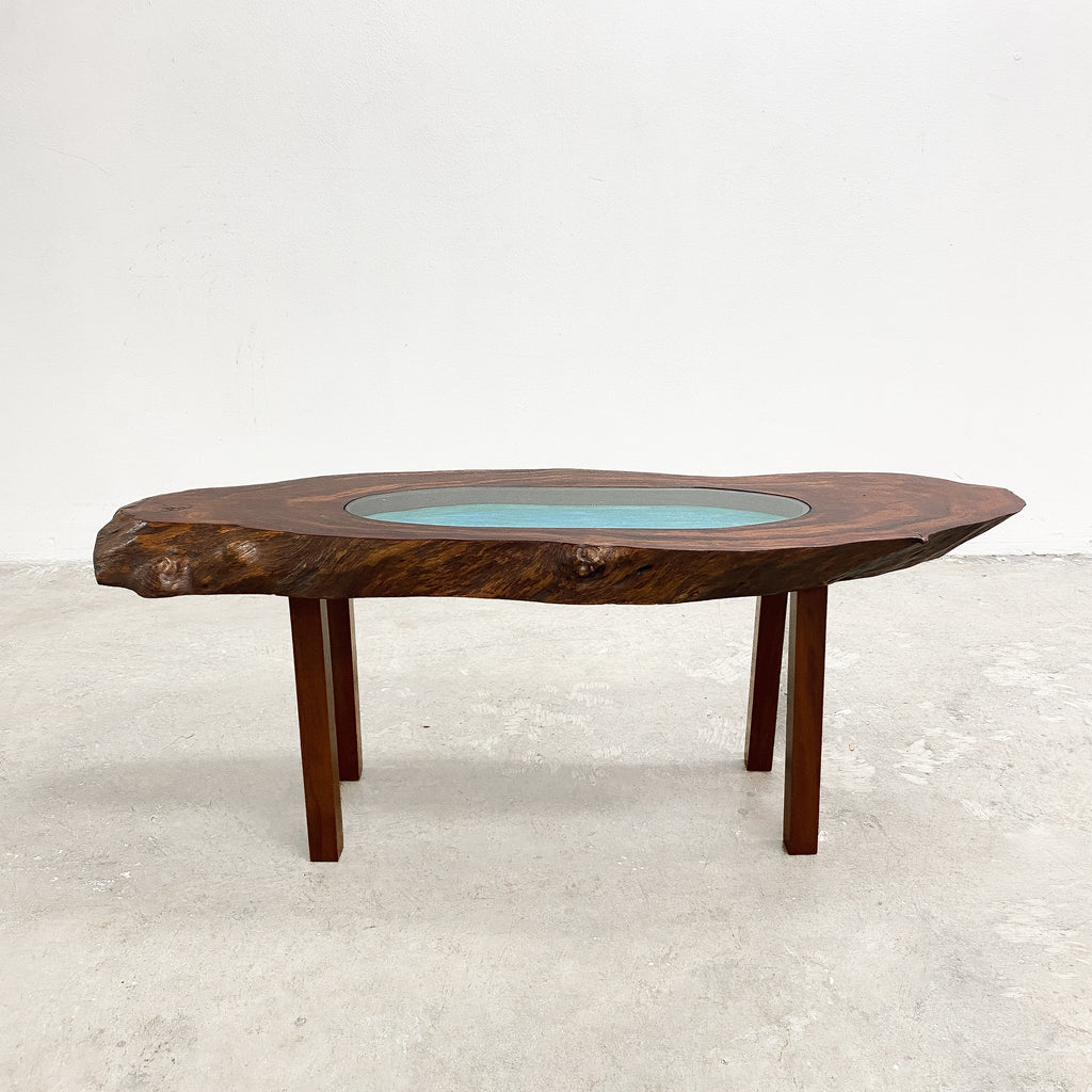 Mid Century Live Edge Coffee Side Table With Pond Under Glass