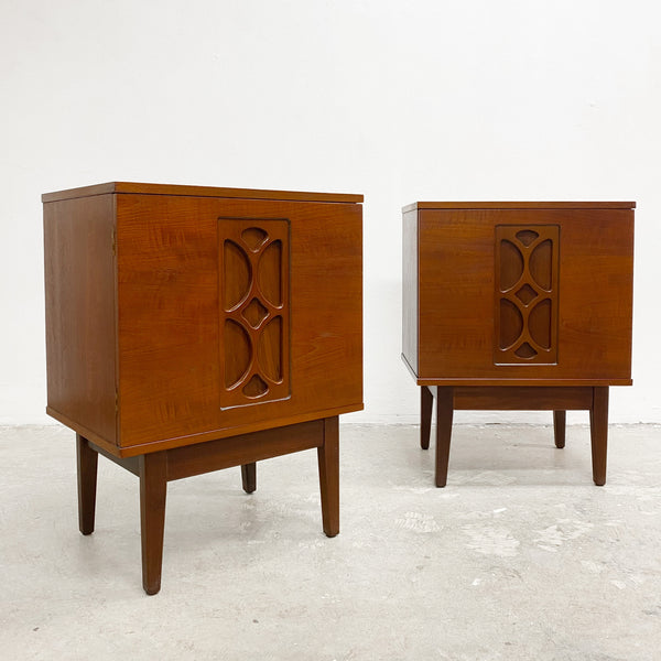 Classic mid century bedside tables by Melbourne based Avalon Furniture, circa 1960s. Manufactured from Australian blackwood and featuring the geometric front panels distinctive to Avalon Furniture.