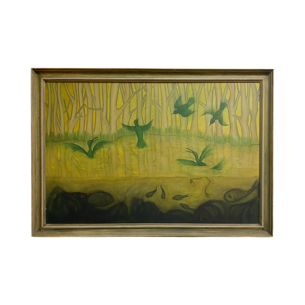 Mid Century Niave Impressionist Pond or River with Bird and Fish Painting