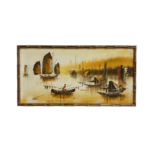 Mid Century Painting Of Junks And Boats