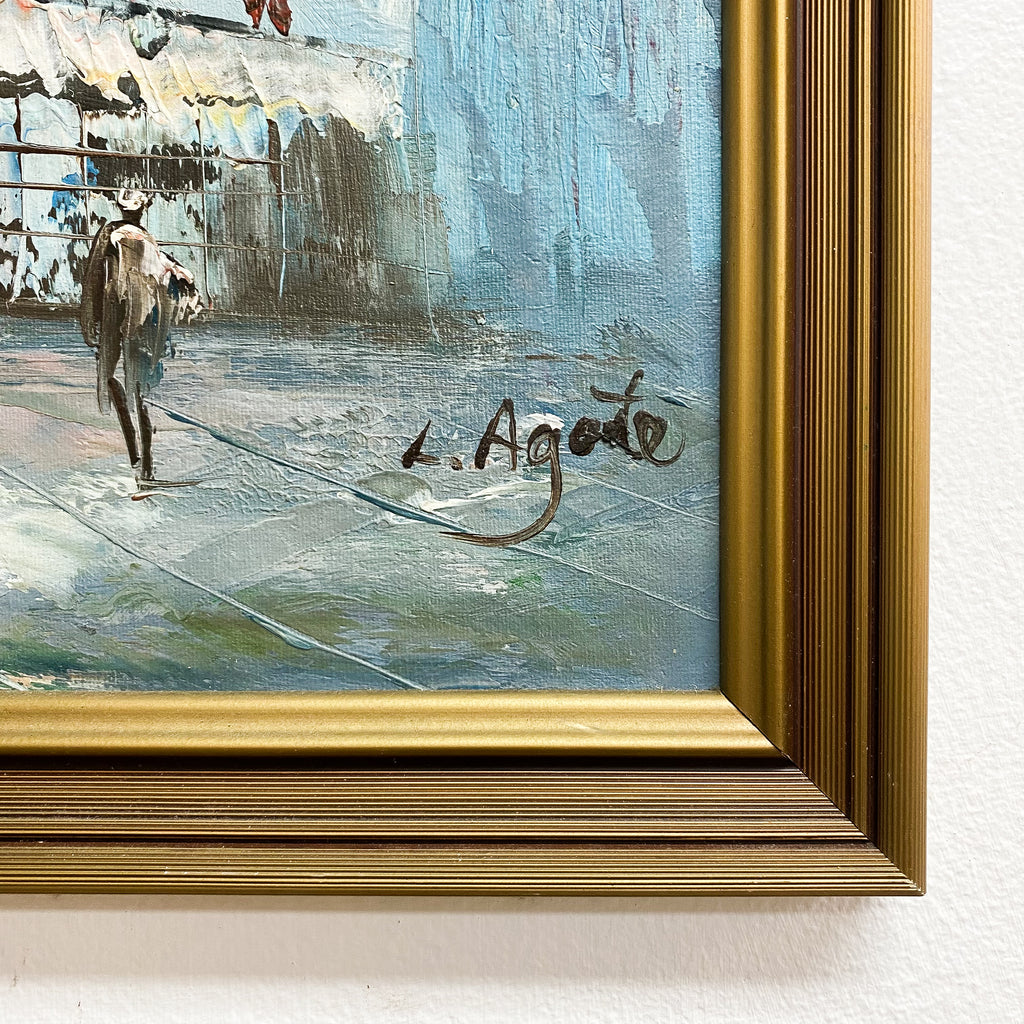 Mid Century Street Scene Oil On Board By L. Agate