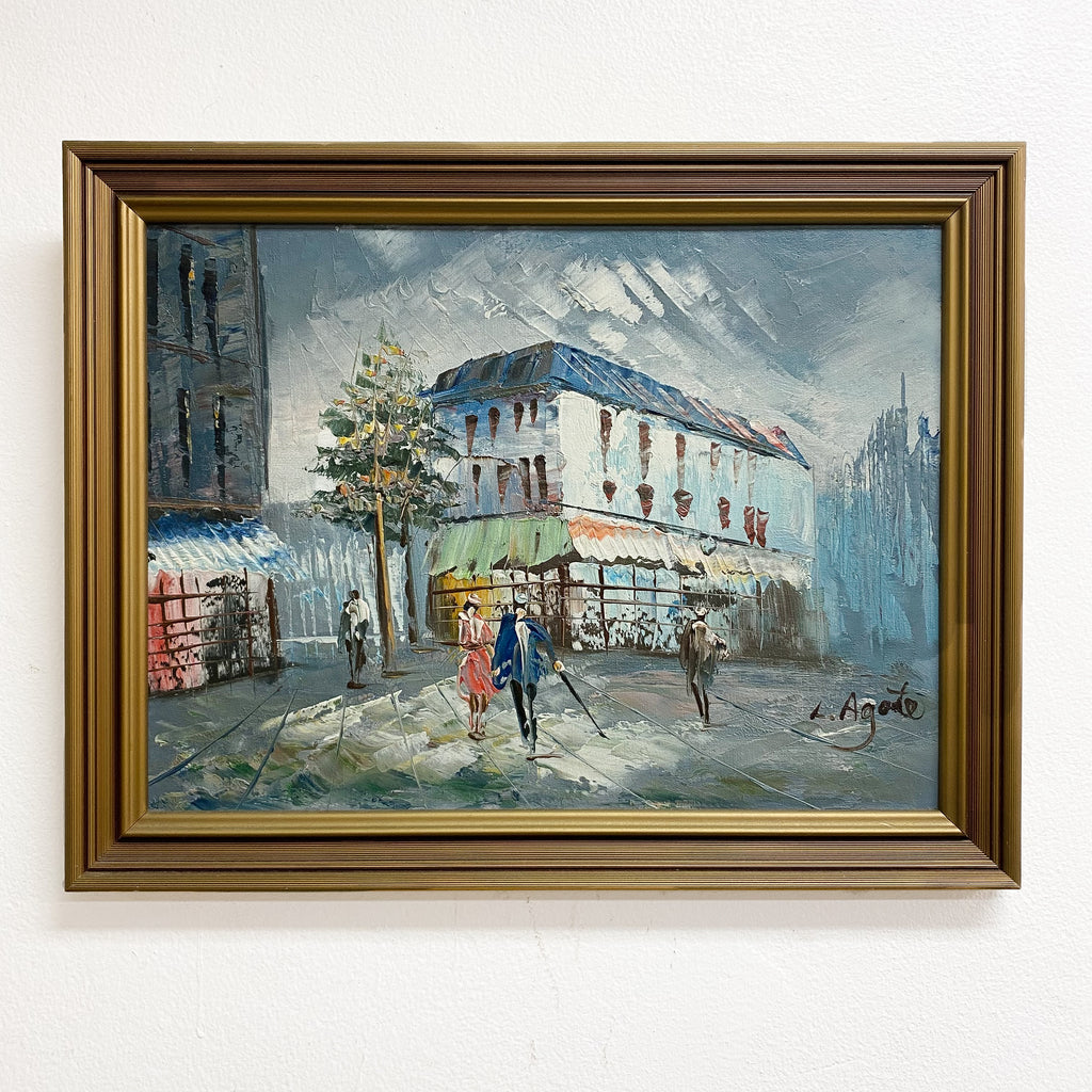 Mid Century Street Scene Oil On Board By L. Agate