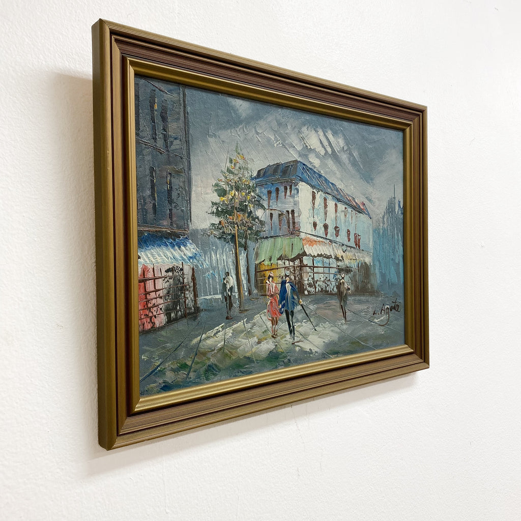 Mid Century Street Scene Oil On Board By L. Agate