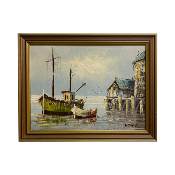 Mid Century Oil On Board Of Boat With Tender By N. James 