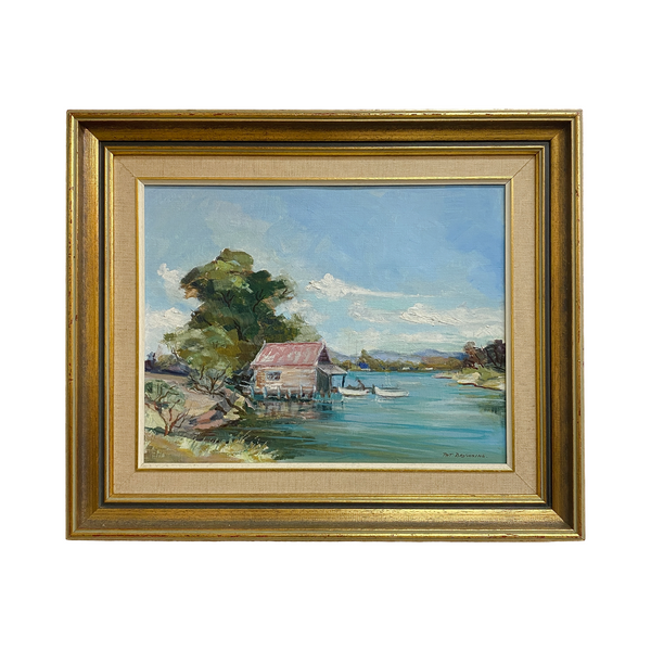 Mid Century Oil On Canvas Boatshed At Forster By Pat Browning