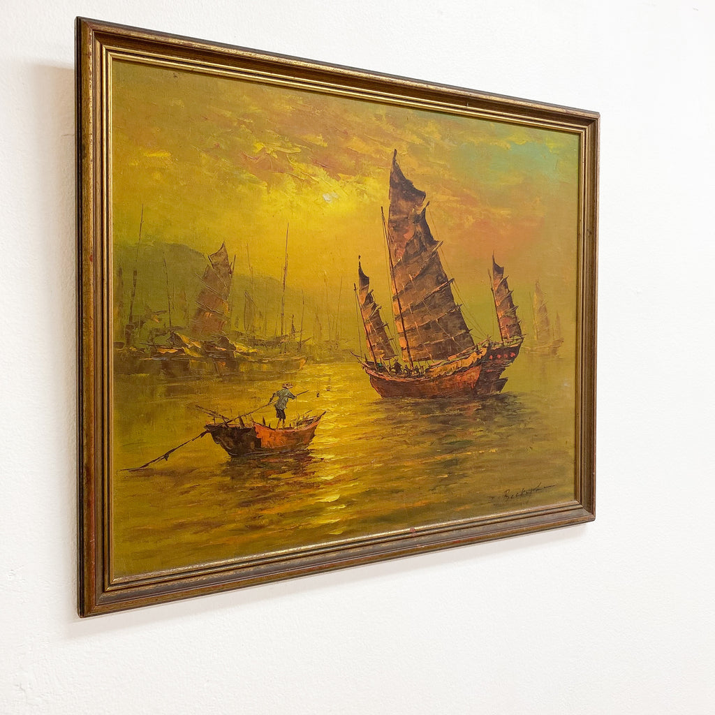 Mid Century Oil Painting of Harbour Scene with Junks