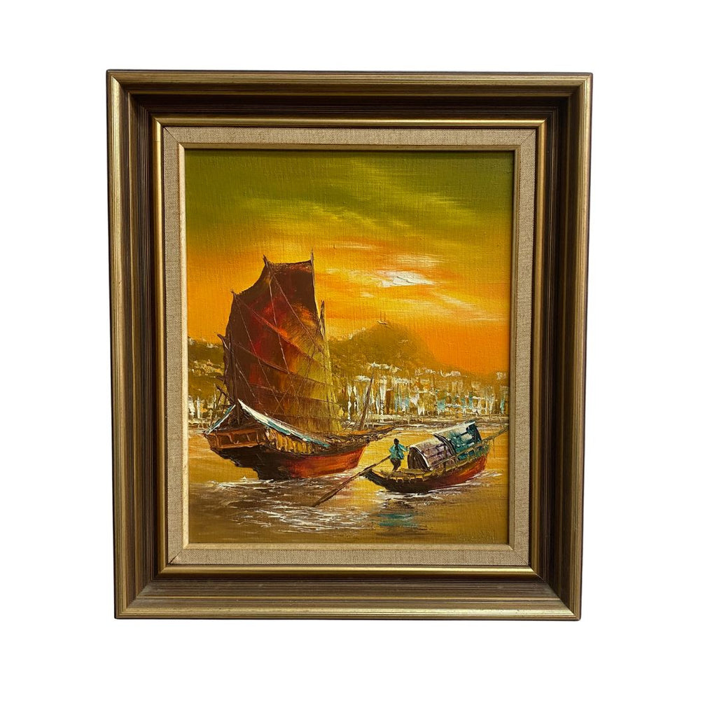 Mid Century Oil Painting of Junks Orange Signed L.Lam