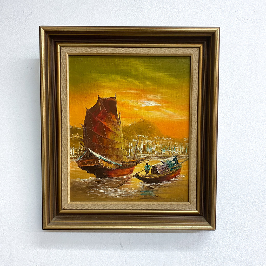 Mid Century Oil Painting of Junks Orange Signed L.Lam