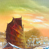 Mid Century Oil Painting of Junks Orange Signed L.Lam
