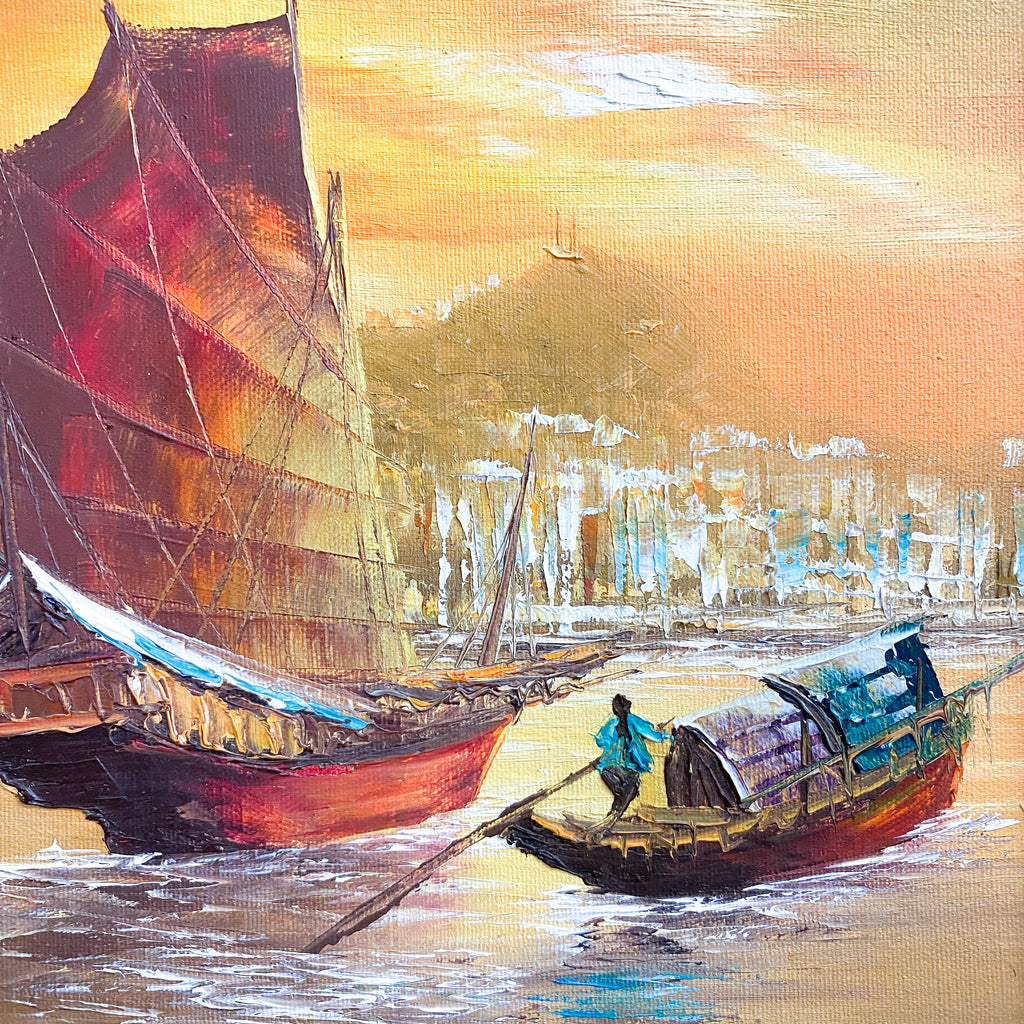 Mid Century Oil Painting of Junks Orange Signed L.Lam