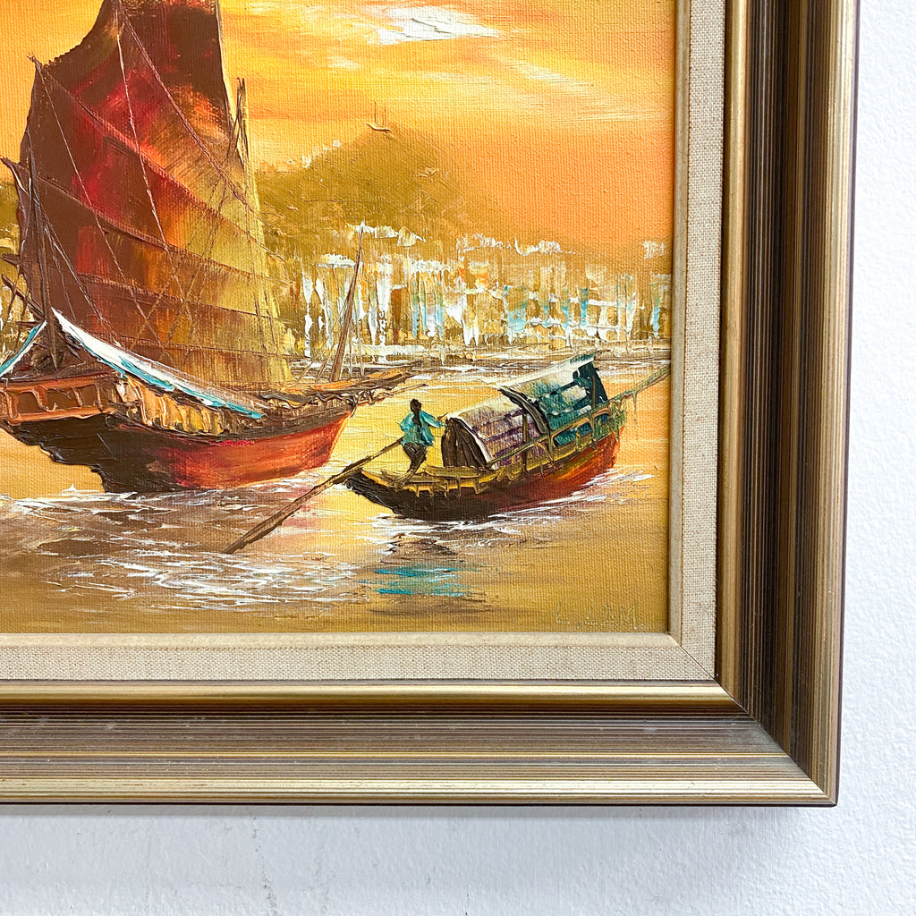 Mid Century Oil Painting of Junks Orange Signed L.Lam