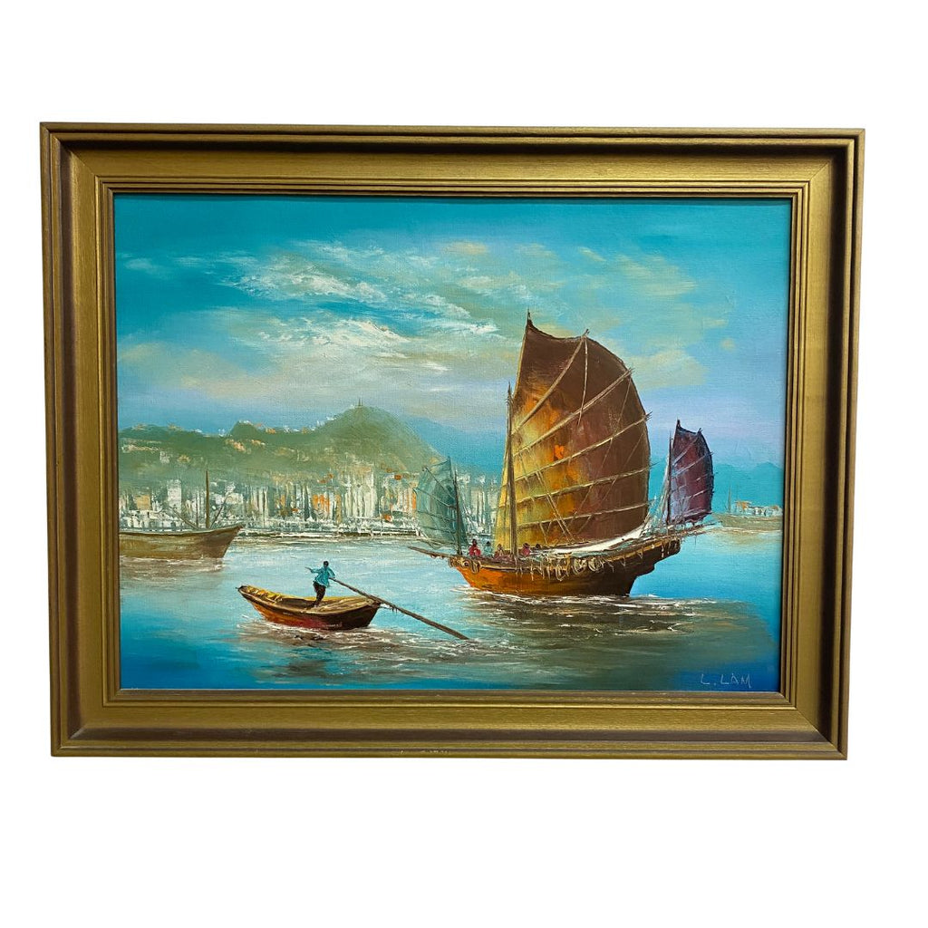 Mid Century Oil Painting of Junks Signed L.Lam