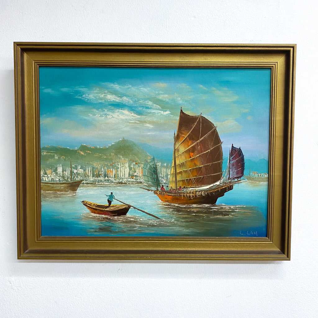 Mid Century Oil Painting of Junks Signed L.Lam