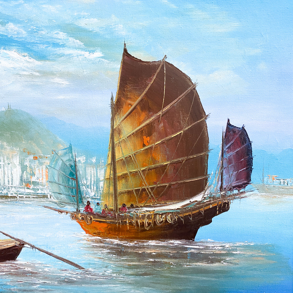 Mid Century Oil Painting of Junks Signed L.Lam