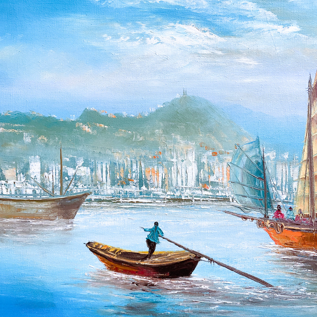 Mid Century Oil Painting of Junks Signed L.Lam