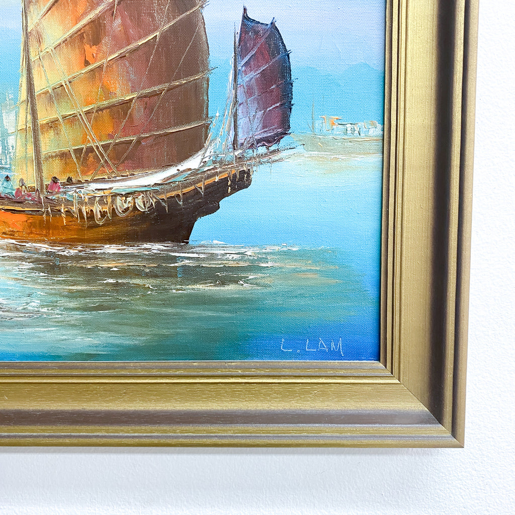 Mid Century Oil Painting of Junks Signed L.Lam