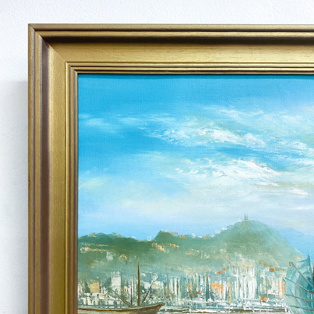 Mid Century Oil Painting of Junks Signed L.Lam