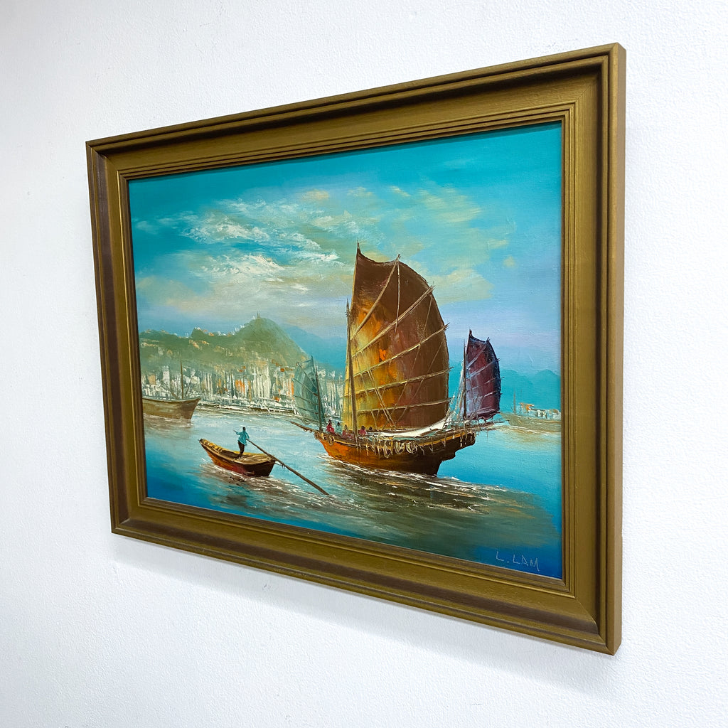 Mid Century Oil Painting of Junks Signed L.Lam