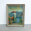 Mid Century Painting On Canvas Of Villa At The Lake Signed Leon