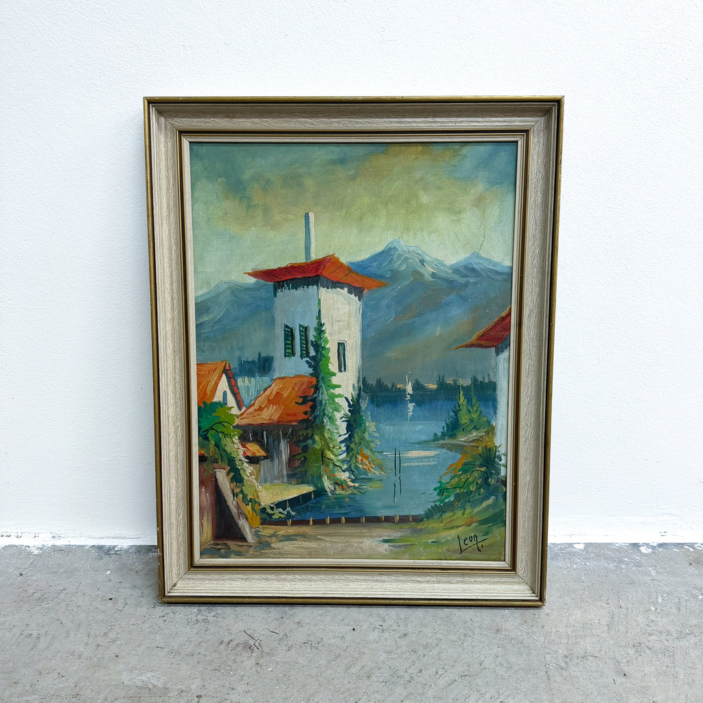 Mid Century Painting On Canvas Of Villa At The Lake Signed Leon