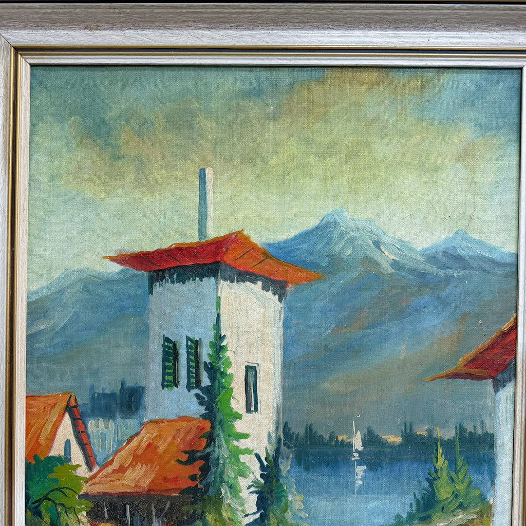 Mid Century Painting On Canvas Of Villa At The Lake Signed Leon